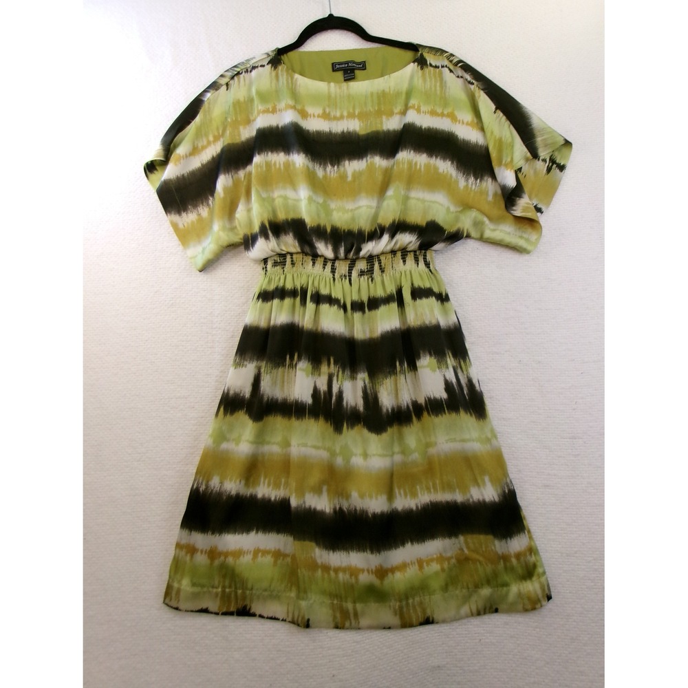Jessica Howard Green Black‎ Abstract Stripe Smocked Waist Dress JH2M8232 Size 4